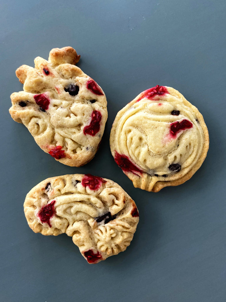 Kekse mit Kirsch und Schokolade hergestellt aus Keksausstechern für Mediziner - Gehirn Kekse und Herz Kekse