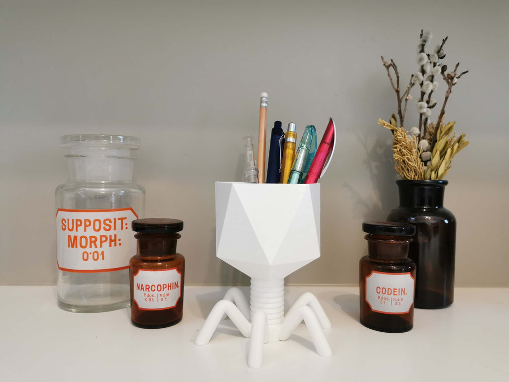 White Bacteriophage Planter with pencils