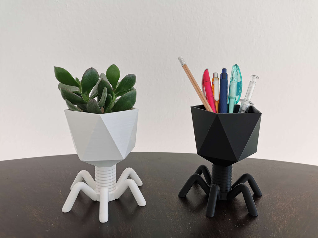 Bacteriophage Planter with plant and pencils